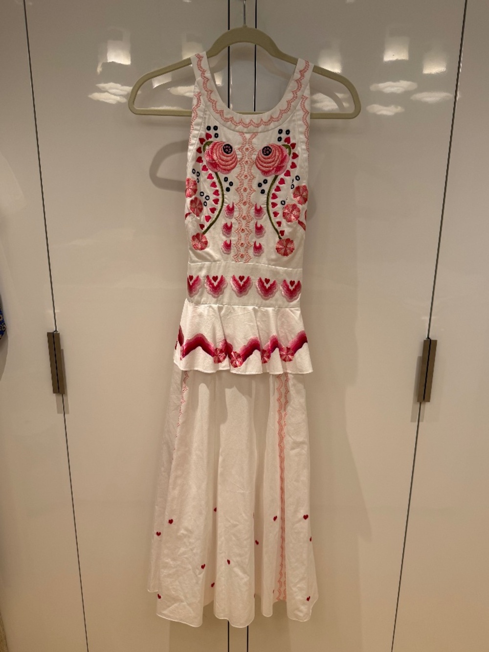 Temperley London Embroidered White Dress — Size 6 — Pink Heart & Floral Peplum